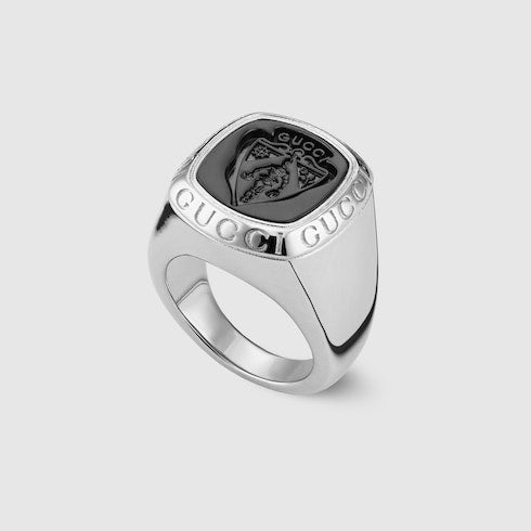 Gucci crest signet ring - palladium-toned brass