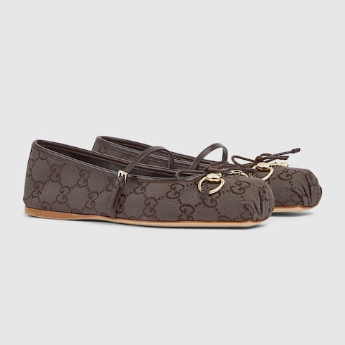 Women's Gucci Horsebit ballet flat - dark brown GG canvas