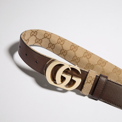 Cut GG Marmont reversible belt - sand GG canvas and leather