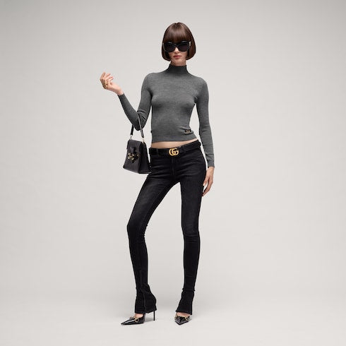 Fine rib knit wool top with Horsebit - dark brown