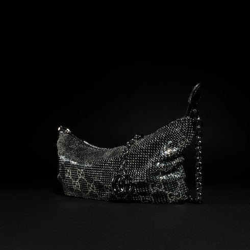 Metallic evening bag with charm - black and silver GG mesh