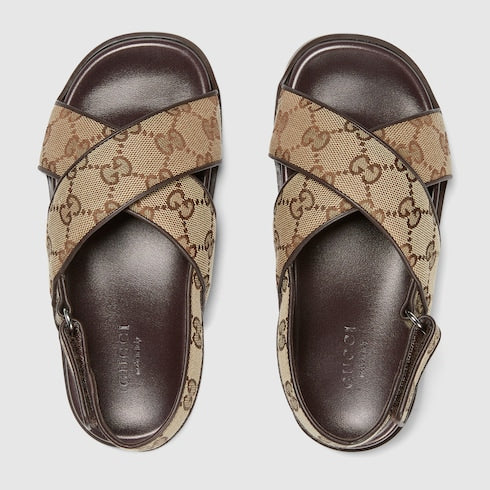 Children's GG sandal - beige and dark brown canvas