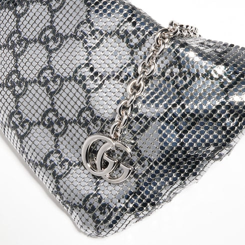 Metallic evening bag with charm - silver and black GG mesh