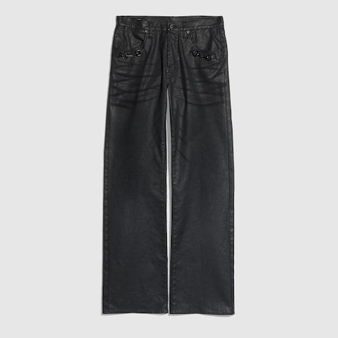 Flared coated cotton twill denim pants - black