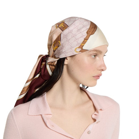 Printed silk twill carré - beige