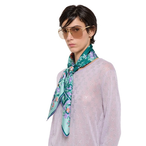 Printed silk twill carré - aquamarine and lilac