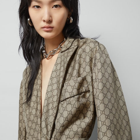 GG Supreme print silk shirt - beige and ebony