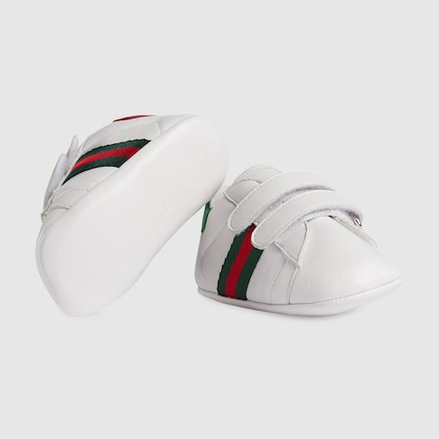 Baby Ace Sneaker White Leather Velcro With Green & Red Web