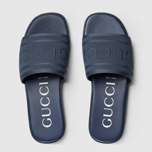 Men's slide sandal with tonal logo - blue jacquard fabric