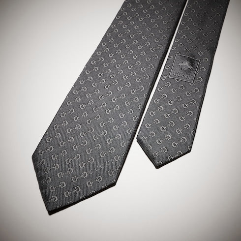 Horsebit silk jacquard tie - black and dark grey