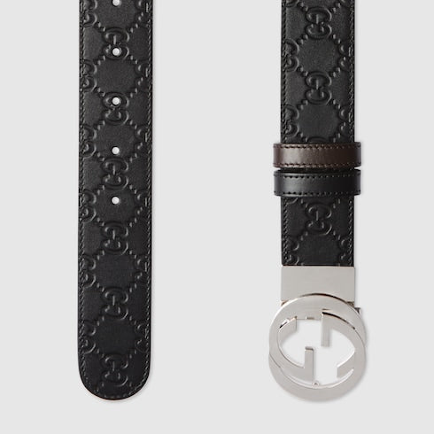 Black Gucci Signature / Brown Leather Reversible Belt - Black Gucci Signature / Brown Leather