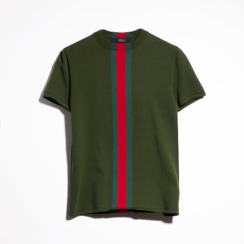 Knit cotton T-shirt with Web intarsia - green
