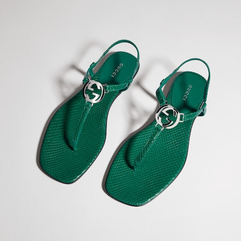 Women's python thong sandal with Interlocking G - green