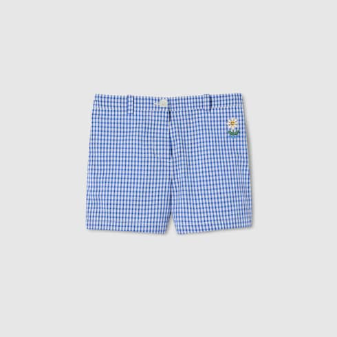 Children's gingham cotton shorts - light blue and white