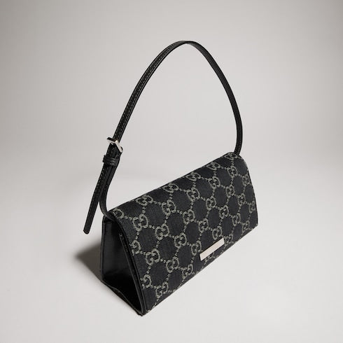 Small pouch with strap and Gucci plaque - black GG denim