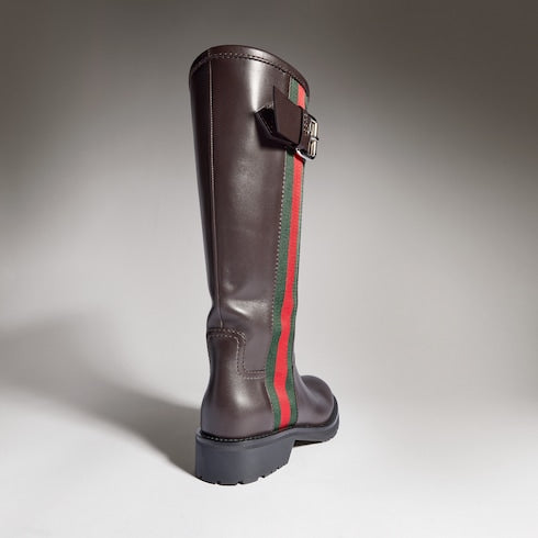 Women's biker boot with Web - brown leather