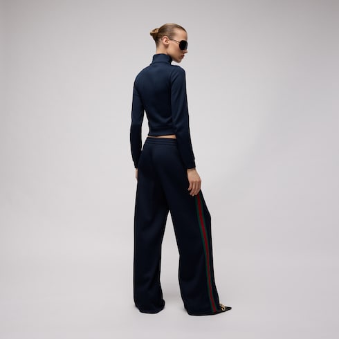 Rib cotton jersey leisure pants with Web - blue