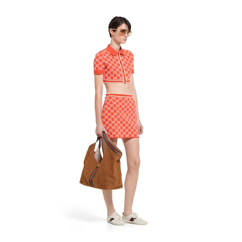 GG cotton jacquard cropped cardigan - orange and ivory