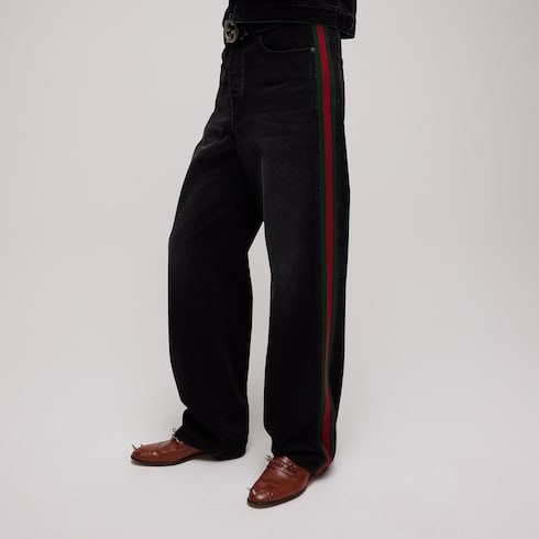 Cotton denim pants with Web insert - black