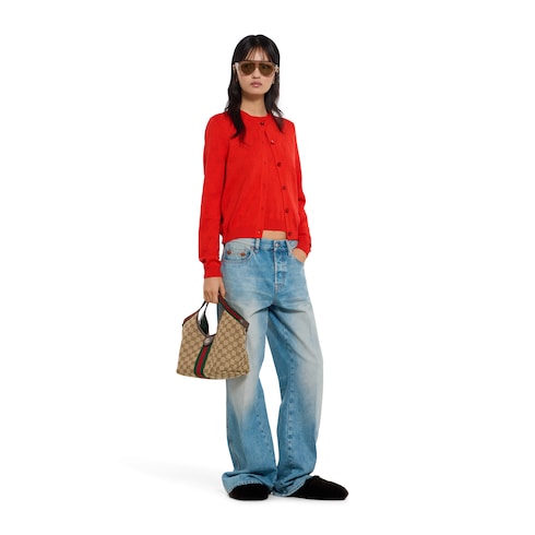 GG pointelle cotton silk cardigan - red