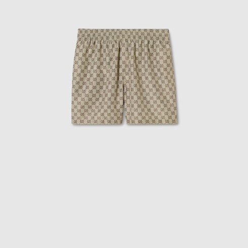 Printed polyester poplin swim shorts - beige and dark brown