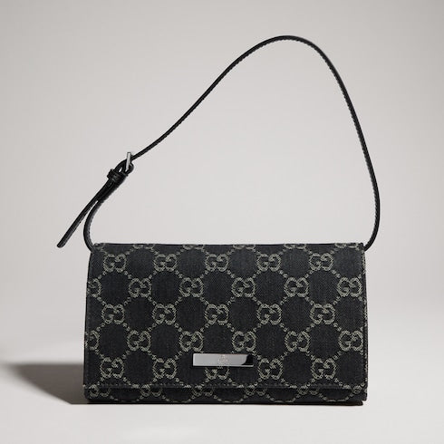 Small pouch with strap and Gucci plaque - black GG denim