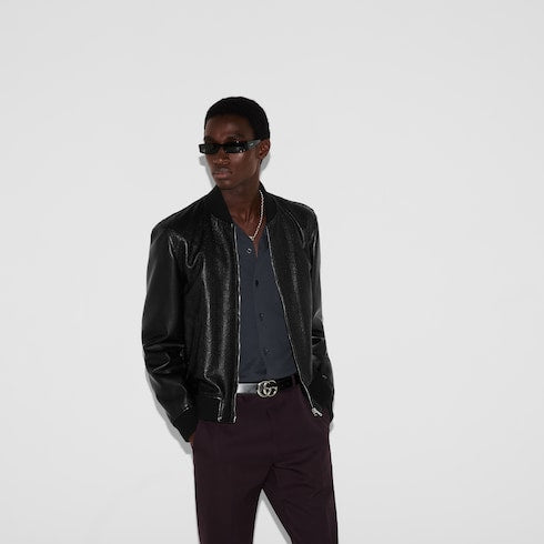 Embossed GG leather bomber jacket - black
