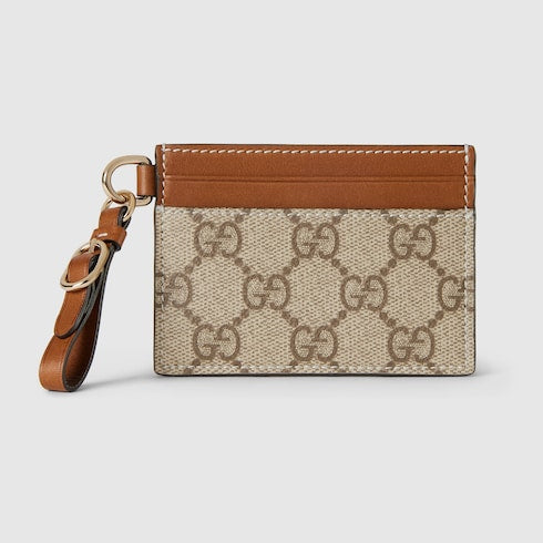 GG Emblem card case with strap - beige and dark brown fabric