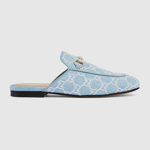 Women's Princetown slipper with pearls - light blue GG denim