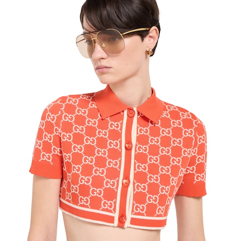 GG cotton jacquard cropped cardigan - orange and ivory