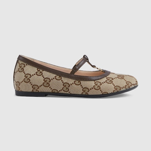 Children's Double G ballet flat - beige and ebony GG canvas