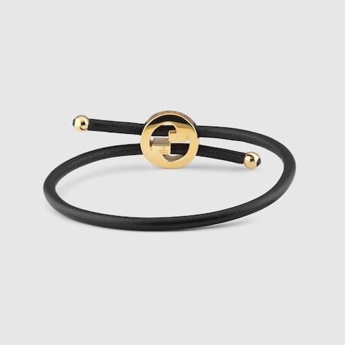 Bracelet with enamel Round Interlocking G - black leather