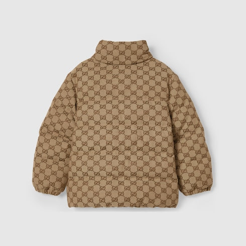 Children's GG canvas padded jacket - camel and dark brown