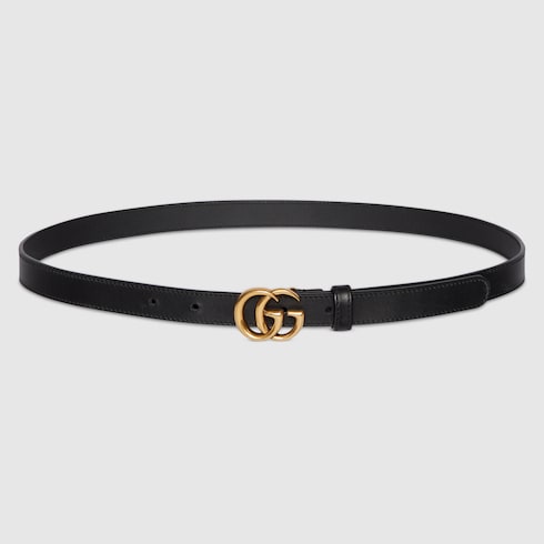 Women's Slim Black Leather Belt With GG Buckle - Women's Slim Black Leather Belt With