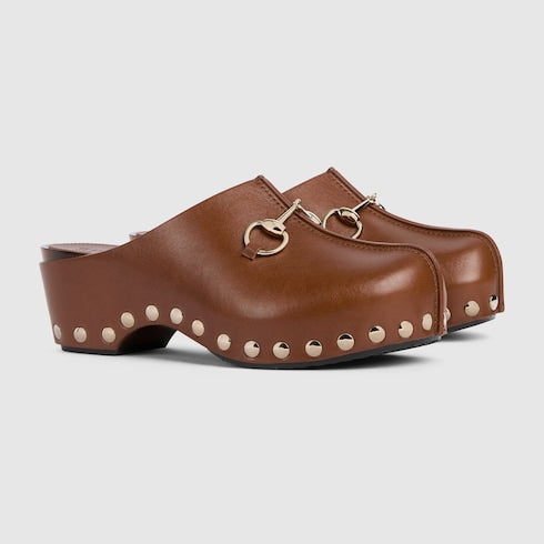 Women's platform clog with Horsebit - brown leather