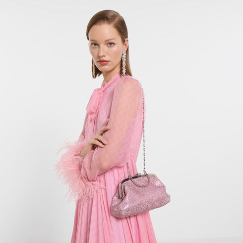 Crystal medium evening top handle bag - pink and silver GG crystal