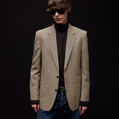 Gingham wool single-breasted jacket - beige and brown