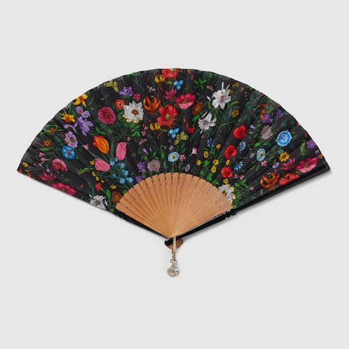 Large Flora print fan - black and multicolor
