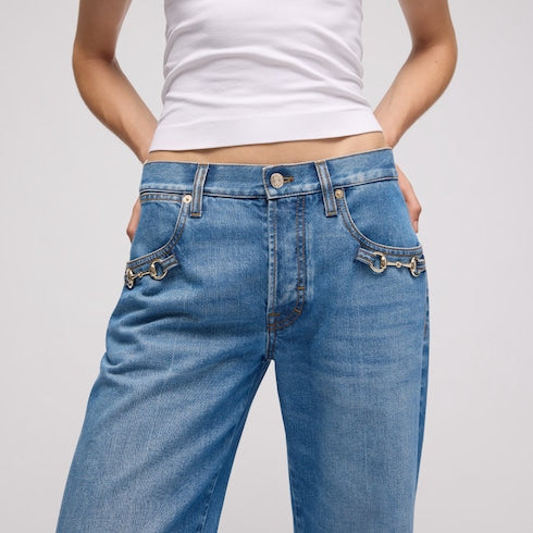Bootcut cotton denim pants with Horsebit - blue