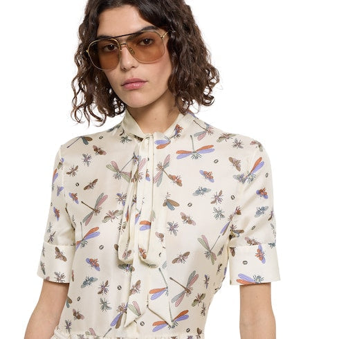 Printed silk twill dress - white