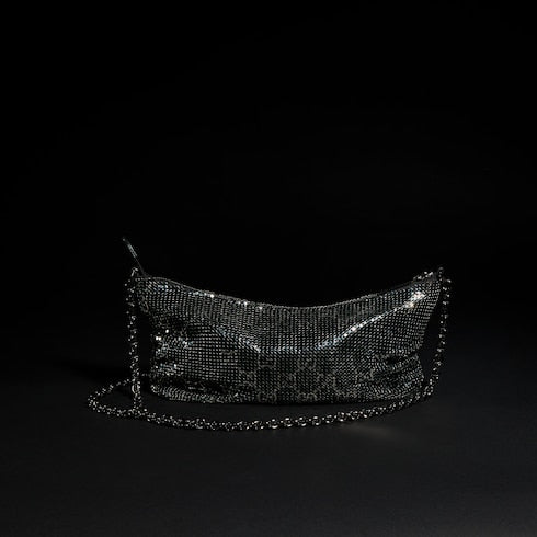 Metallic evening bag with charm - black and silver GG mesh