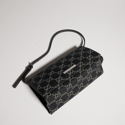 Small pouch with strap and Gucci plaque - black GG denim