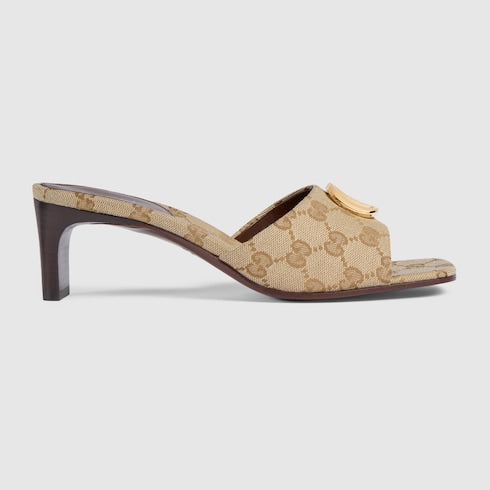 Women's slide sandal with Double G - sand and brown GG canvas
