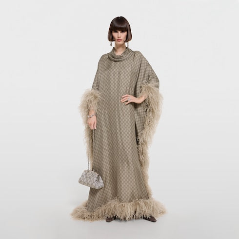 Printed silk twill long dress - beige and dark brown