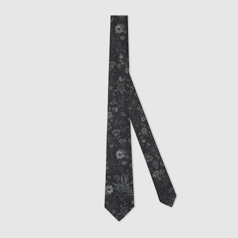 Printed silk tie - black and grey