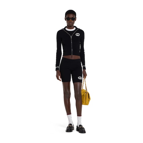 Ribbed shorts with intarsia - black