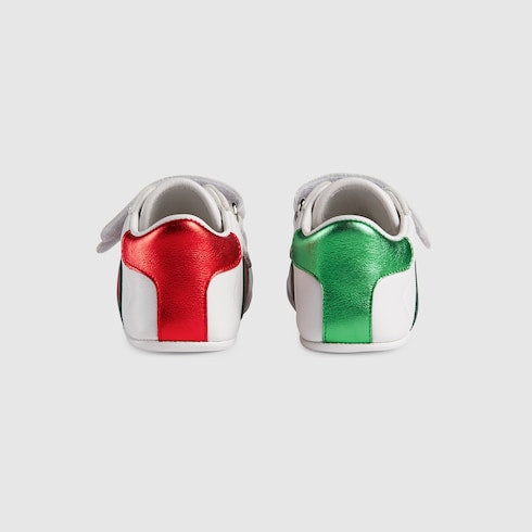 Baby Ace Sneaker White Leather Velcro With Green & Red Web