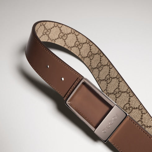 Reversible belt with rectangular buckle - beige GG Supreme and brown leather