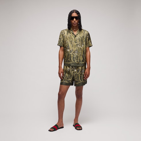 Printed silk twill shorts - dark green and beige