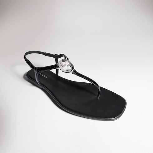 Women's thong sandal with Interlocking G - black patent leather